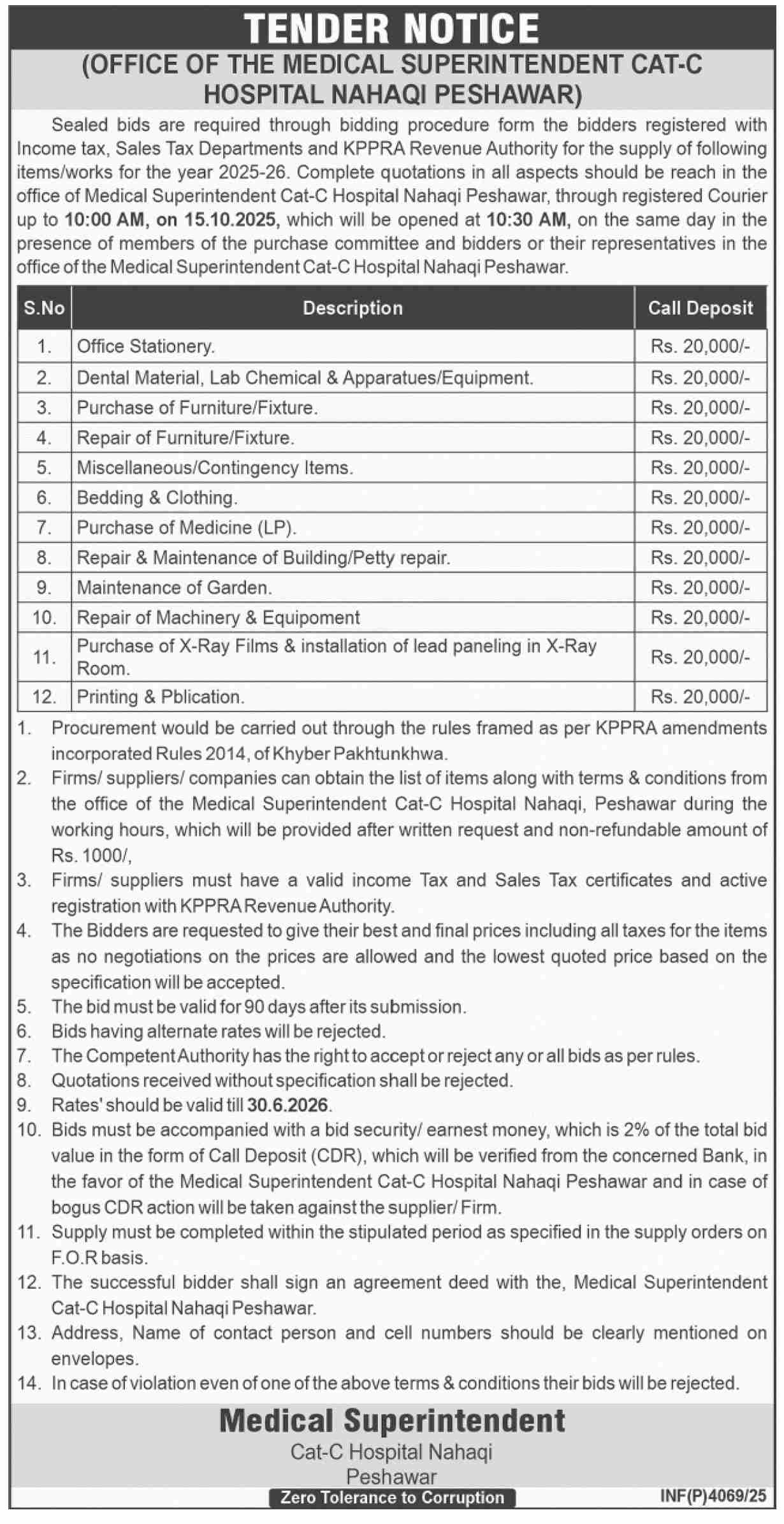 Cat-C Hospital Nahaqi  Peshawar Tender Notice